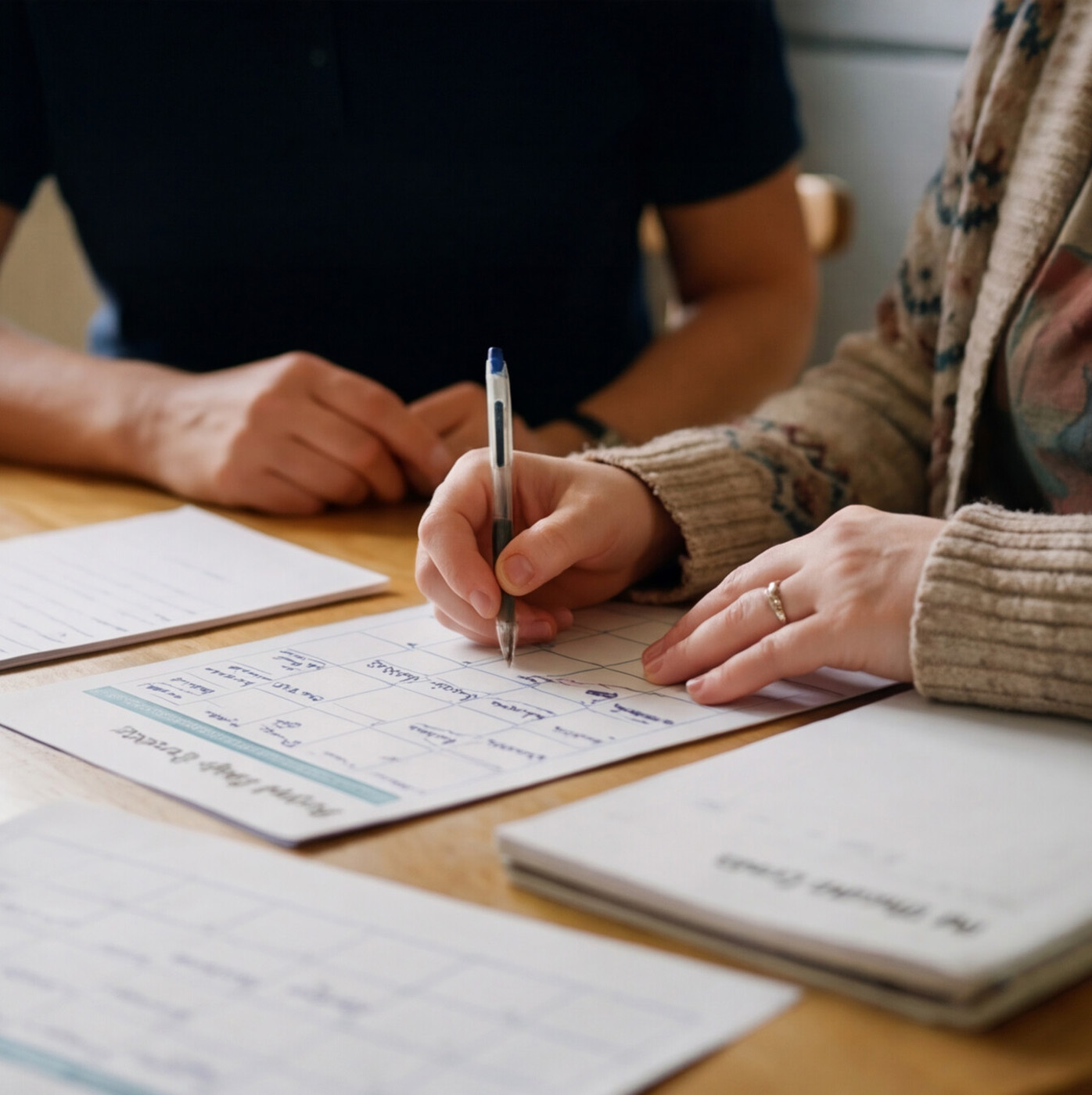 Person filling out planner form at table