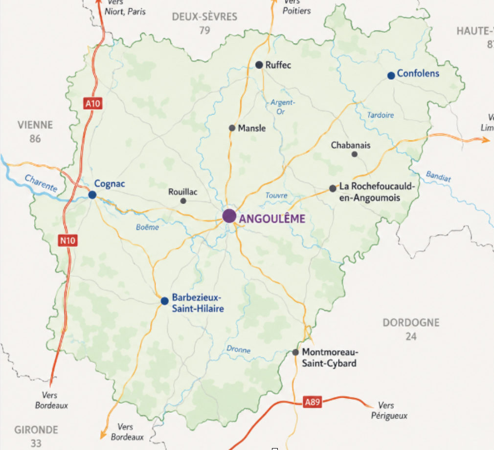 Carte de la Charente centrée sur Angoulême